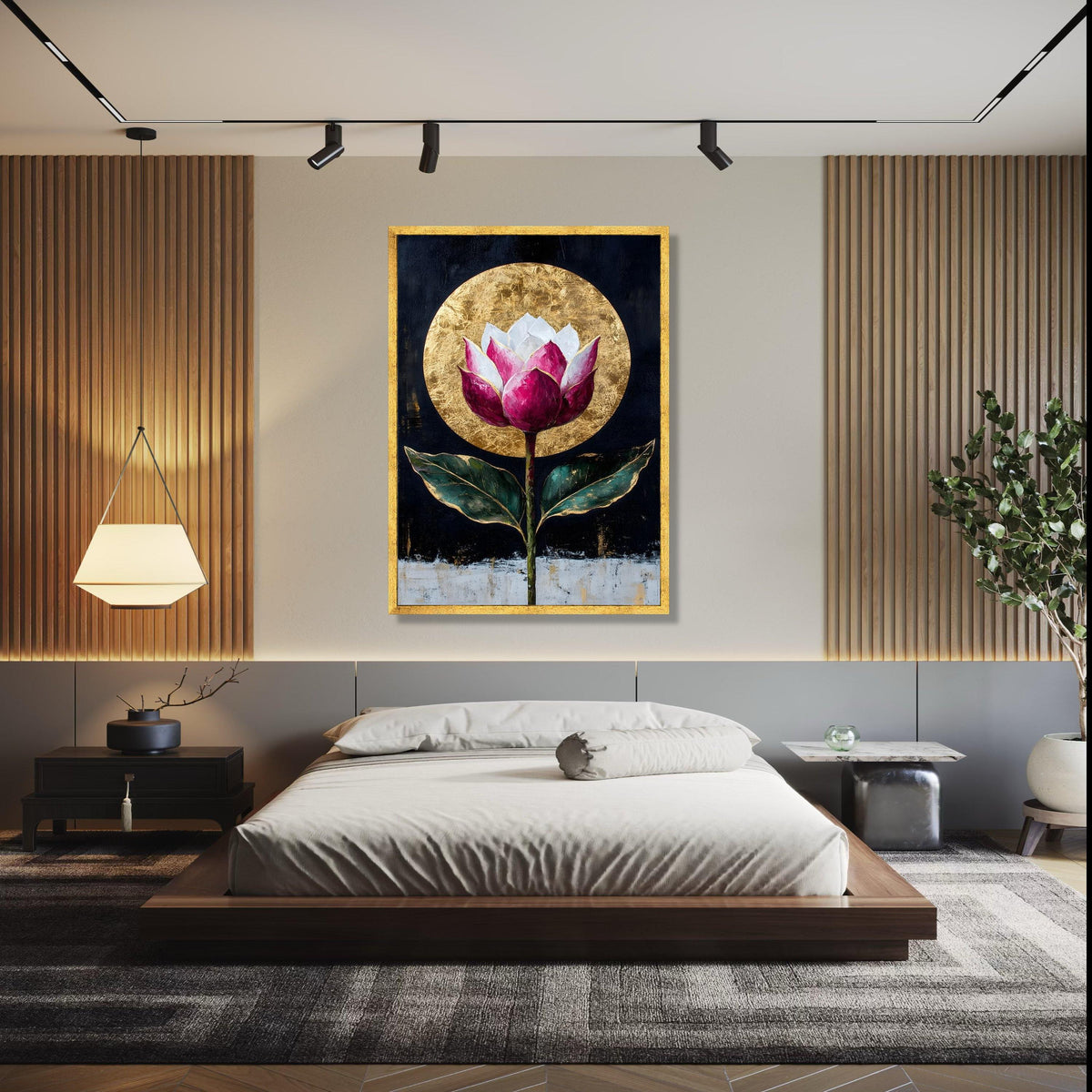 Elegant Lotus Flower Canvas, Gold Leaf Circle Wall Art, Modern Floral Painting, Botanical Canvas, Home Decor Gift Art, Home Decor, Print