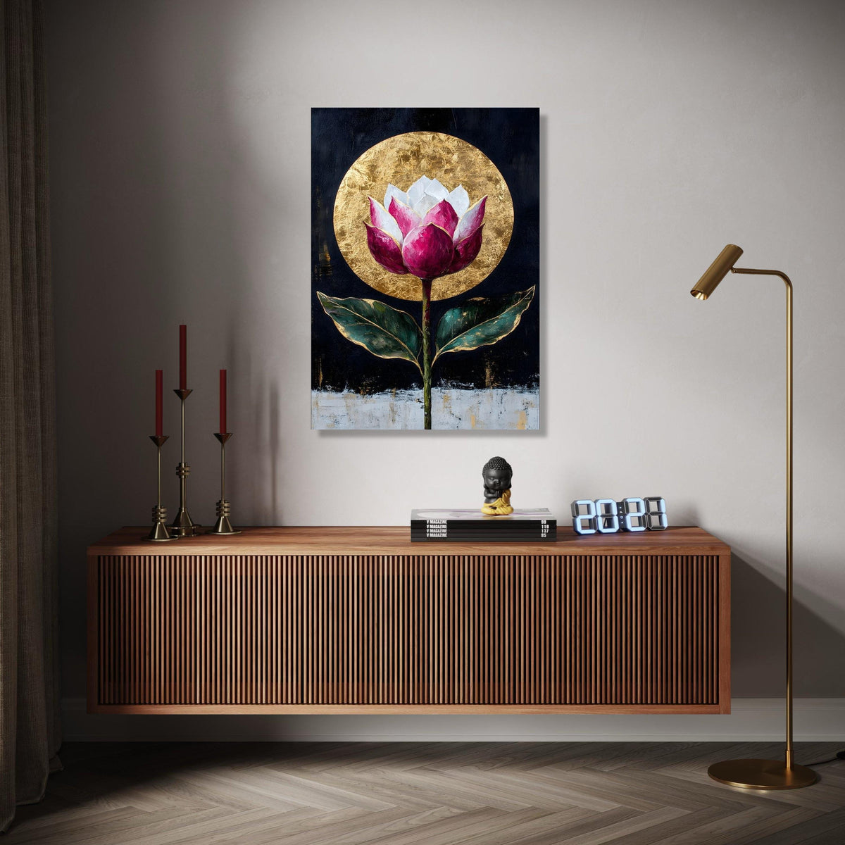 Elegant Lotus Flower Canvas, Gold Leaf Circle Wall Art, Modern Floral Painting, Botanical Canvas, Home Decor Gift Art, Home Decor, Print