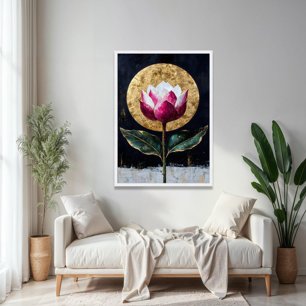 Elegant Lotus Flower Canvas, Gold Leaf Circle Wall Art, Modern Floral Painting, Botanical Canvas, Home Decor Gift Art, Home Decor, Print
