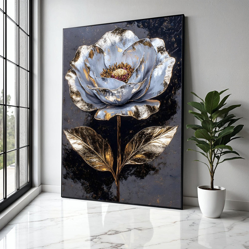 Metallic Gold and Silver Flower Canvas Wall Art, Luxury Botanical Painting, Modern Floral Home Decor, Elegant Gift Art, Home Decor, Print