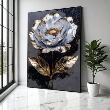 Metallic Gold and Silver Flower Canvas Wall Art, Luxury Botanical Painting, Modern Floral Home Decor, Elegant Gift Art, Home Decor, Print