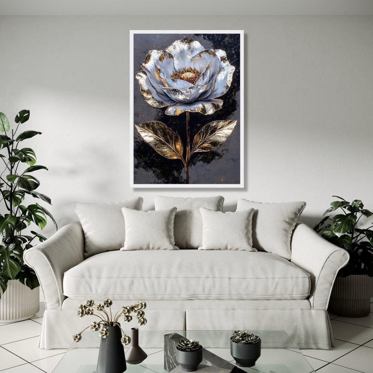Metallic Gold and Silver Flower Canvas Wall Art, Luxury Botanical Painting, Modern Floral Home Decor, Elegant Gift Art, Home Decor, Print