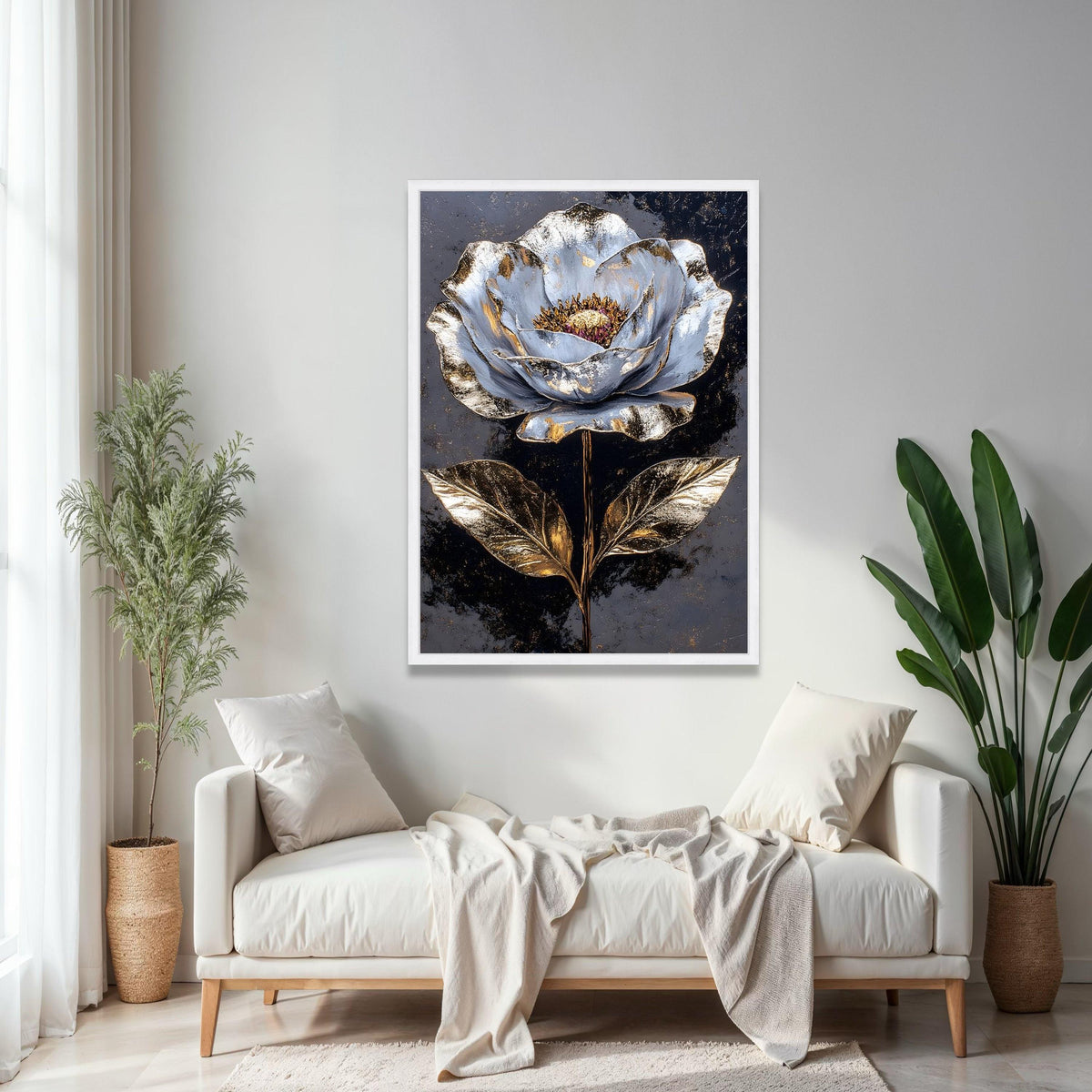 Metallic Gold and Silver Flower Canvas Wall Art, Luxury Botanical Painting, Modern Floral Home Decor, Elegant Gift Art, Home Decor, Print