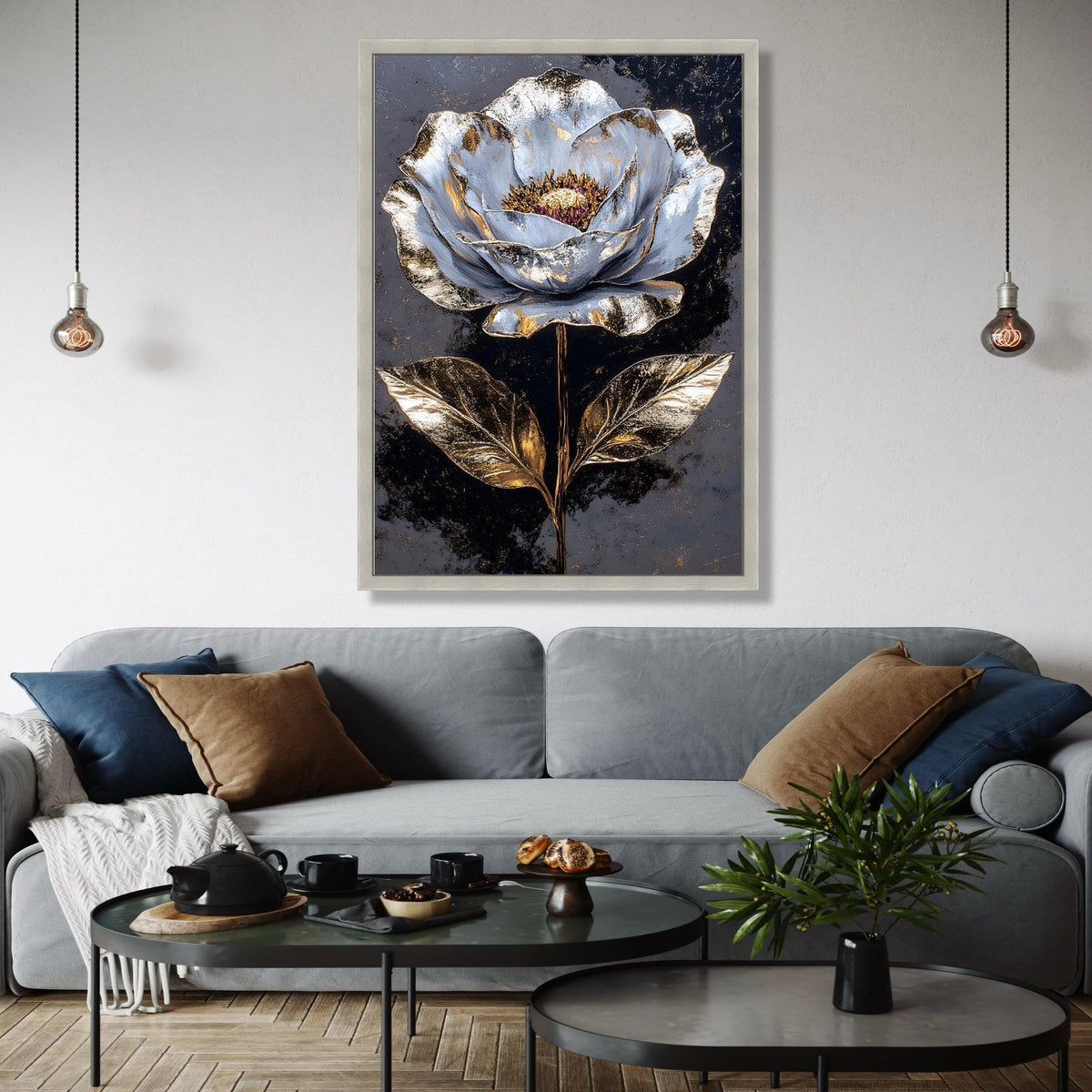 Metallic Gold and Silver Flower Canvas Wall Art, Luxury Botanical Painting, Modern Floral Home Decor, Elegant Gift Art, Home Decor, Print