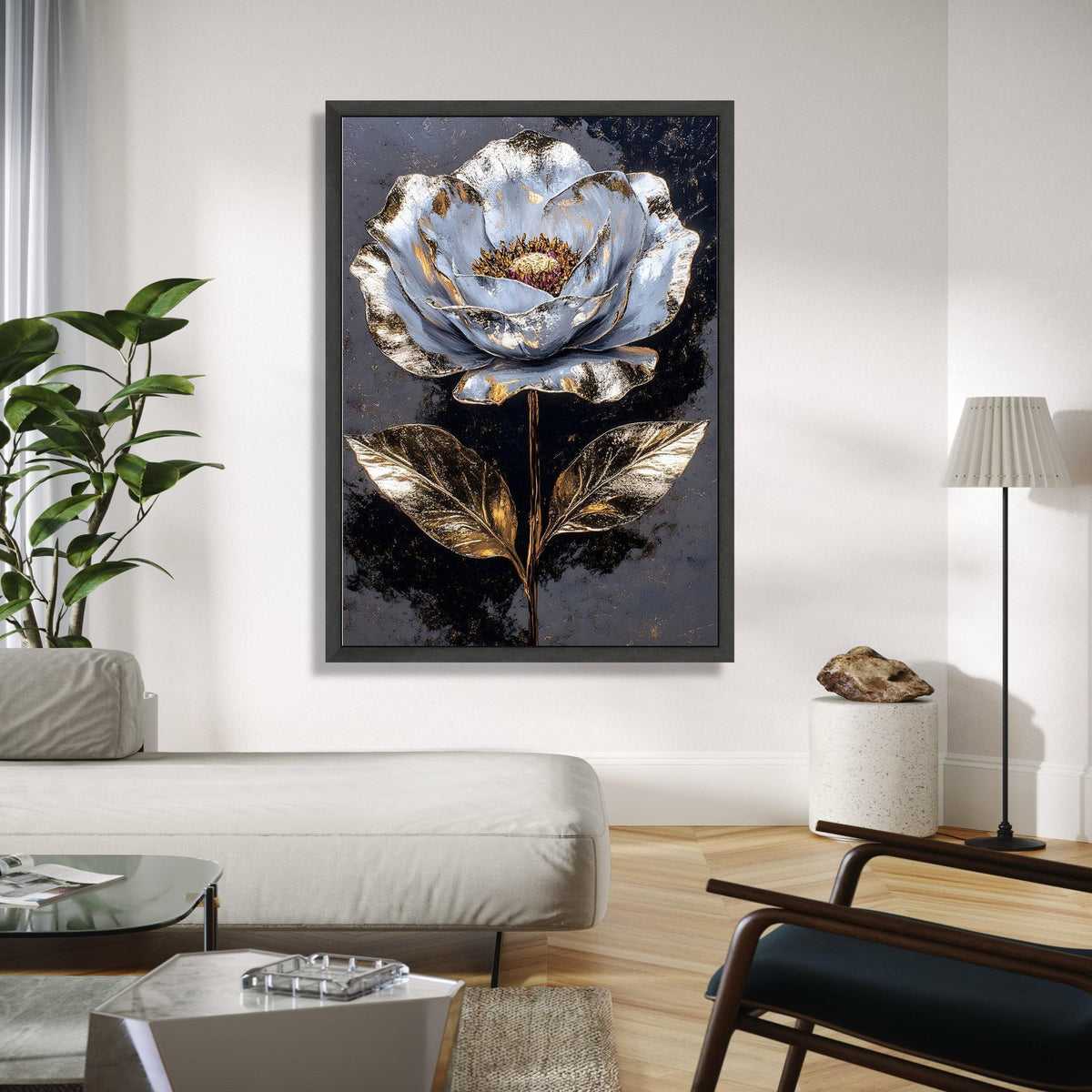 Metallic Gold and Silver Flower Canvas Wall Art, Luxury Botanical Painting, Modern Floral Home Decor, Elegant Gift Art, Home Decor, Print
