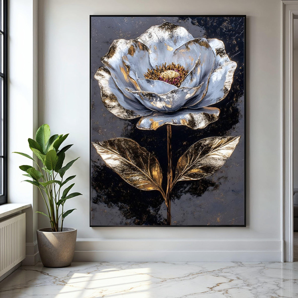 Metallic Gold and Silver Flower Canvas Wall Art, Luxury Botanical Painting, Modern Floral Home Decor, Elegant Gift Art, Home Decor, Print