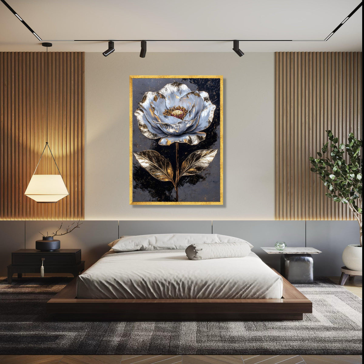 Metallic Gold and Silver Flower Canvas Wall Art, Luxury Botanical Painting, Modern Floral Home Decor, Elegant Gift Art, Home Decor, Print