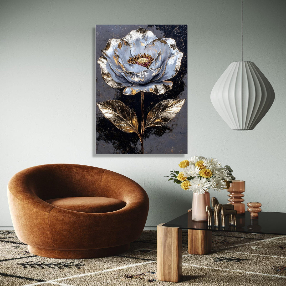 Metallic Gold and Silver Flower Canvas Wall Art, Luxury Botanical Painting, Modern Floral Home Decor, Elegant Gift Art, Home Decor, Print