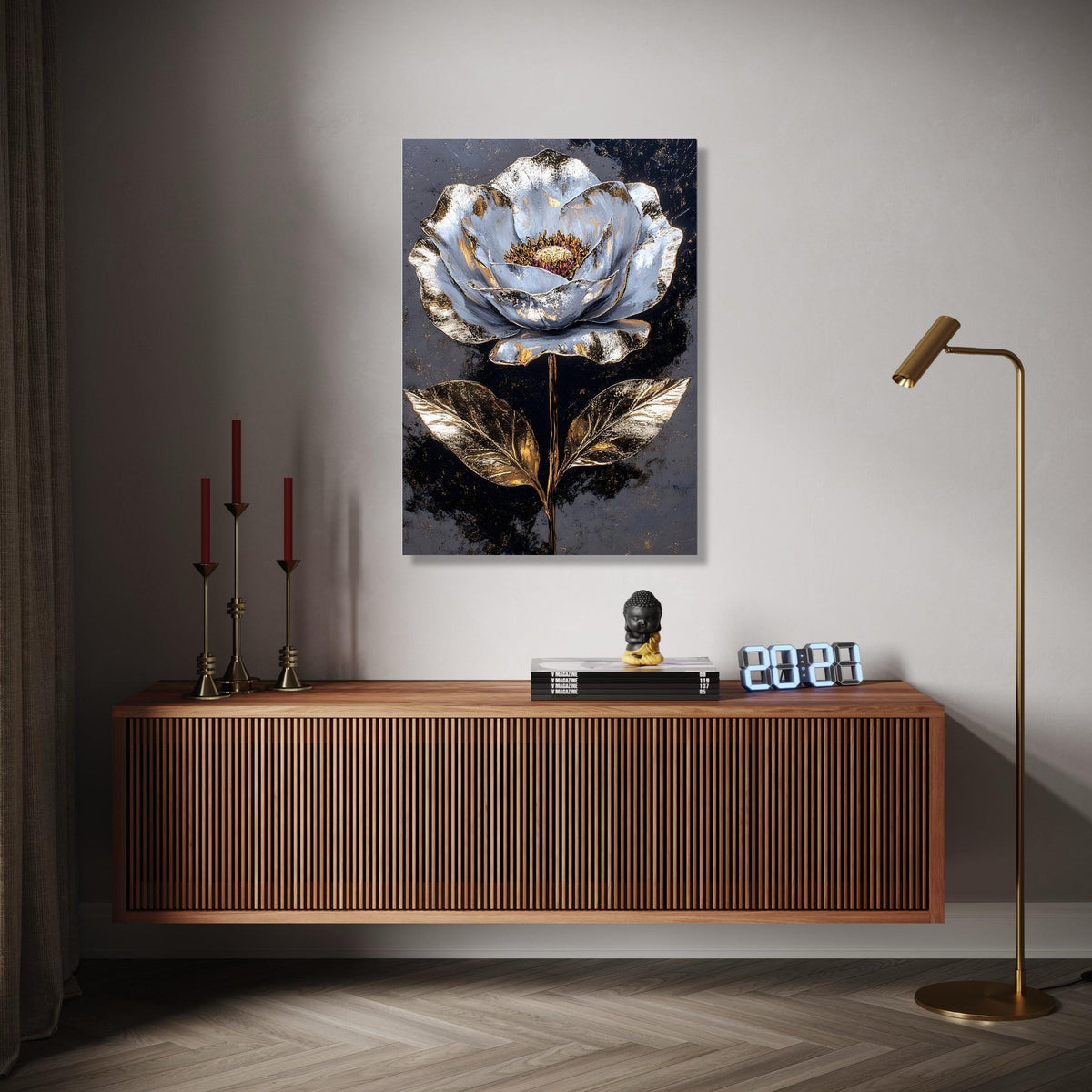 Metallic Gold and Silver Flower Canvas Wall Art, Luxury Botanical Painting, Modern Floral Home Decor, Elegant Gift Art, Home Decor, Print
