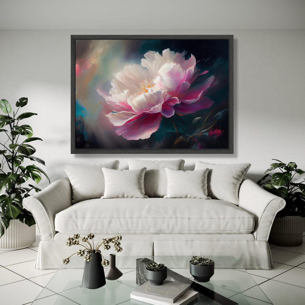 Elegant White and Pink Peony Canvas, Floral Wall Art Painting, Soft Bloom Canvas Print, Romantic Flower Gift Art, Home Decor, Print