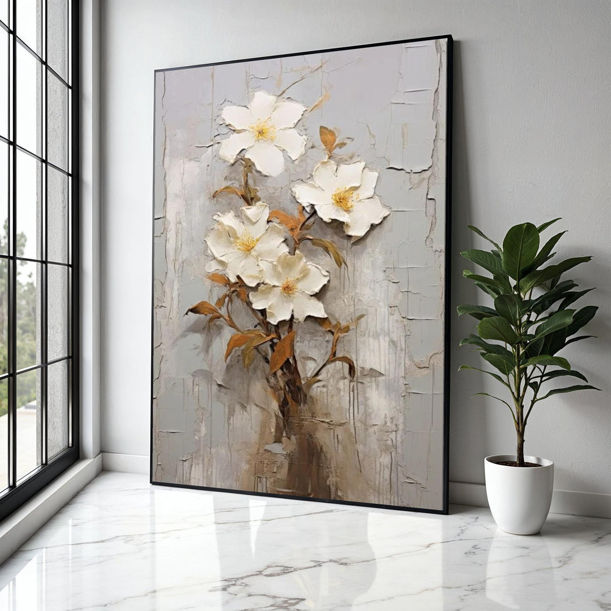 Elegant White Floral Bouquet Canvas, Wall Art, 3D Flower Painting, Neutral Home Decor, Botanical Canvas Print, Gift Art, Home Decor, Print