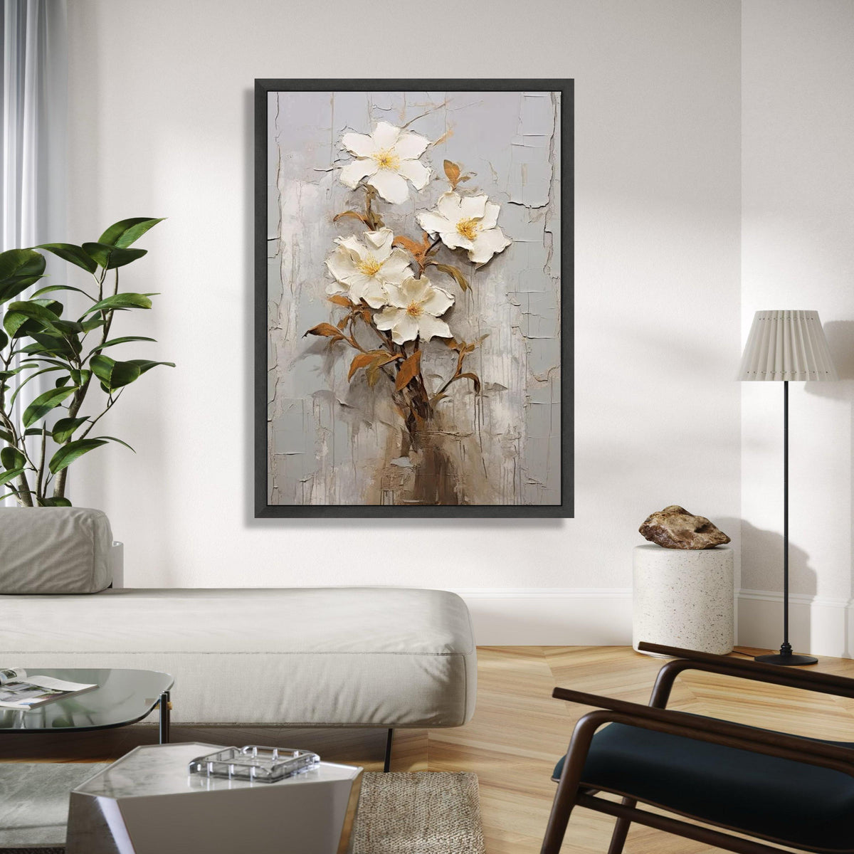 Elegant White Floral Bouquet Canvas, Wall Art, 3D Flower Painting, Neutral Home Decor, Botanical Canvas Print, Gift Art, Home Decor, Print