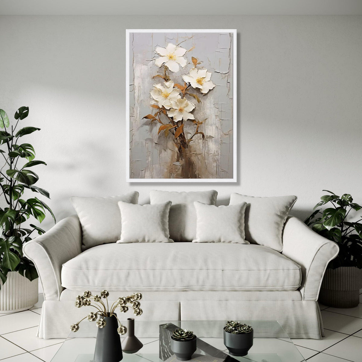 Elegant White Floral Bouquet Canvas, Wall Art, 3D Flower Painting, Neutral Home Decor, Botanical Canvas Print, Gift Art, Home Decor, Print