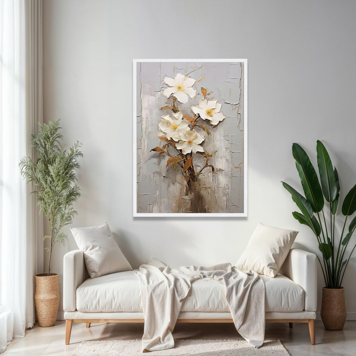 Elegant White Floral Bouquet Canvas, Wall Art, 3D Flower Painting, Neutral Home Decor, Botanical Canvas Print, Gift Art, Home Decor, Print