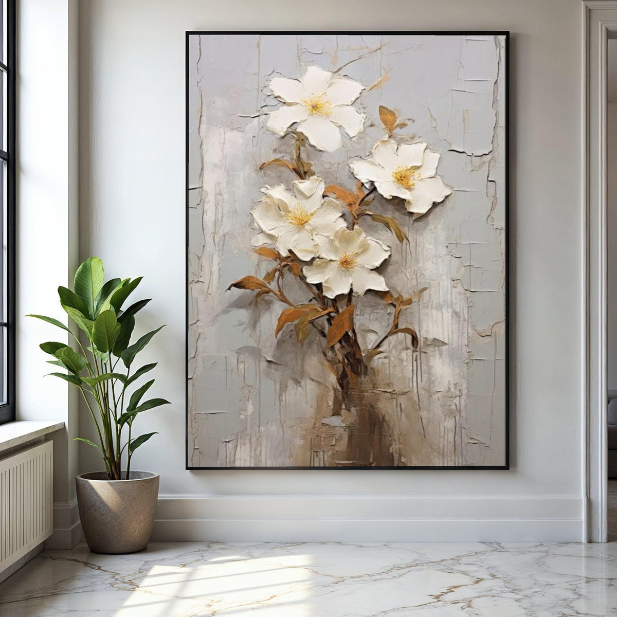 Elegant White Floral Bouquet Canvas, Wall Art, 3D Flower Painting, Neutral Home Decor, Botanical Canvas Print, Gift Art, Home Decor, Print