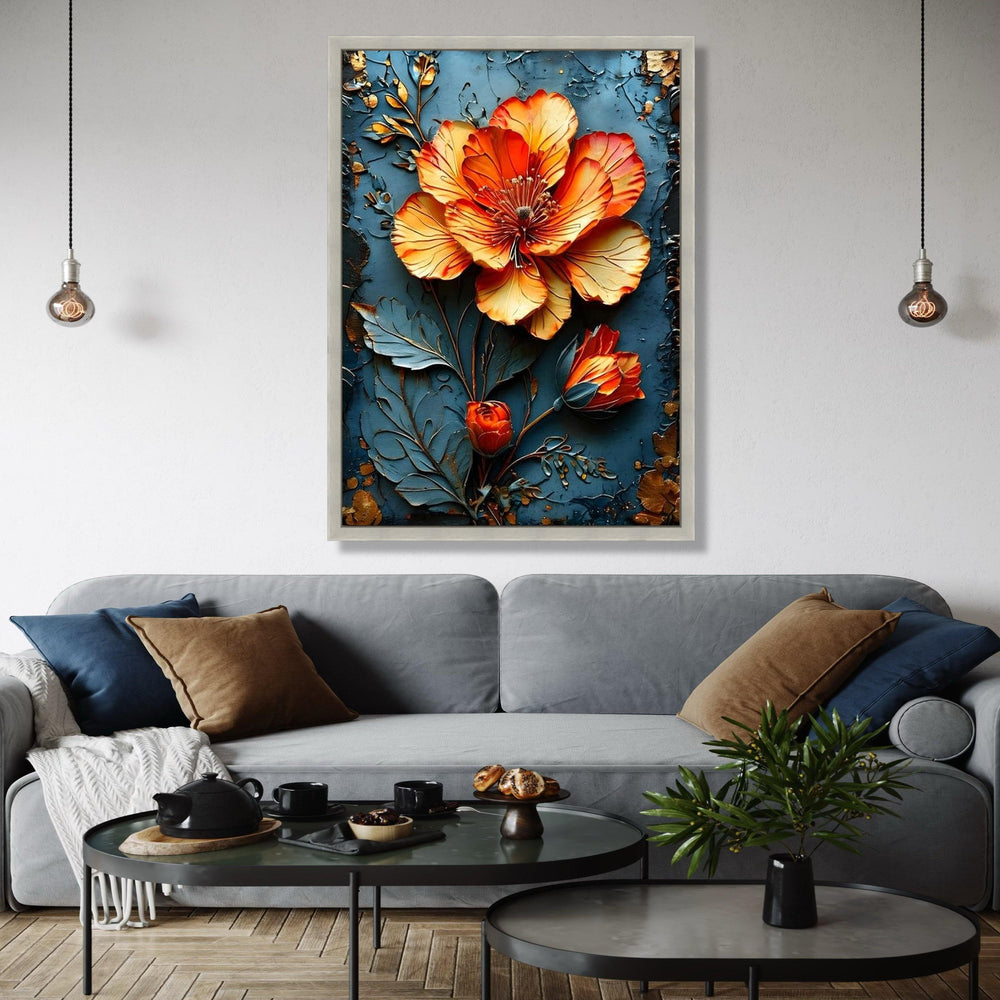 Vibrant Orange Blossom Canvas Wall Art, 3D Floral Design, Metallic Flower Canvas, Home Decor Accent, Ready to Gift Art, Home Decor, Print