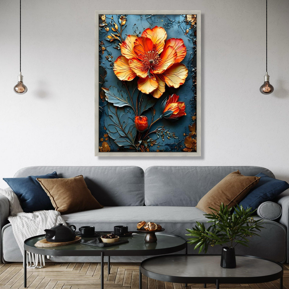 Vibrant Orange Blossom Canvas Wall Art, 3D Floral Design, Metallic Flower Canvas, Home Decor Accent, Ready to Gift Art, Home Decor, Print