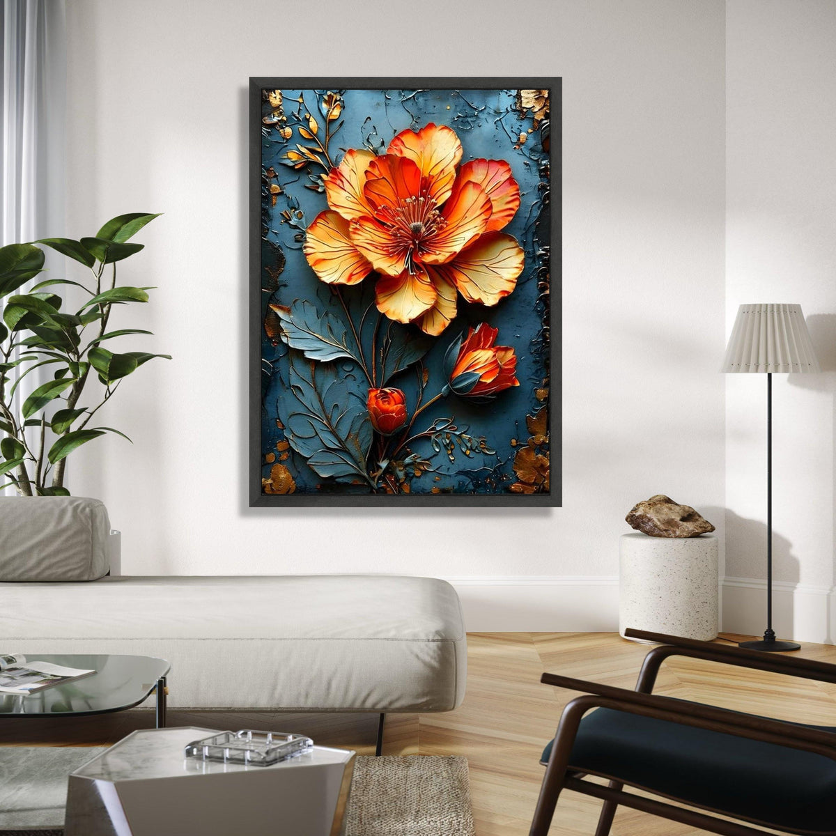 Vibrant Orange Blossom Canvas Wall Art, 3D Floral Design, Metallic Flower Canvas, Home Decor Accent, Ready to Gift Art, Home Decor, Print