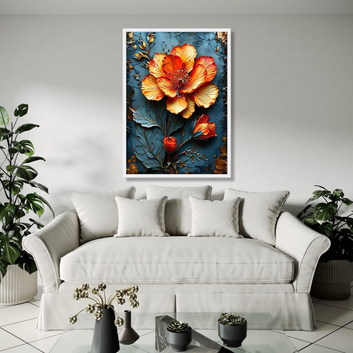 Vibrant Orange Blossom Canvas Wall Art, 3D Floral Design, Metallic Flower Canvas, Home Decor Accent, Ready to Gift Art, Home Decor, Print