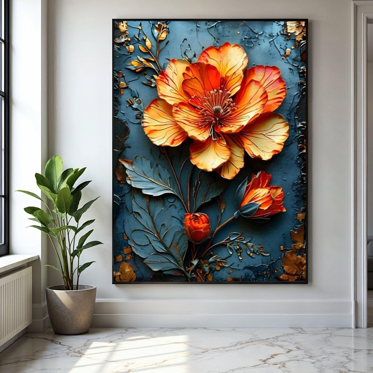 Vibrant Orange Blossom Canvas Wall Art, 3D Floral Design, Metallic Flower Canvas, Home Decor Accent, Ready to Gift Art, Home Decor, Print