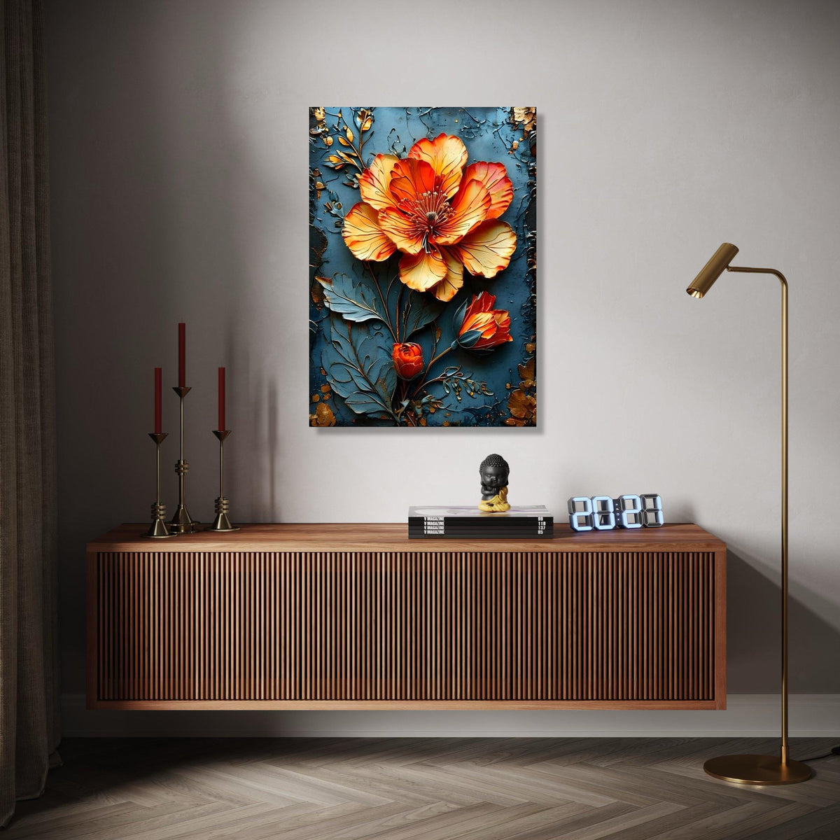 Vibrant Orange Blossom Canvas Wall Art, 3D Floral Design, Metallic Flower Canvas, Home Decor Accent, Ready to Gift Art, Home Decor, Print