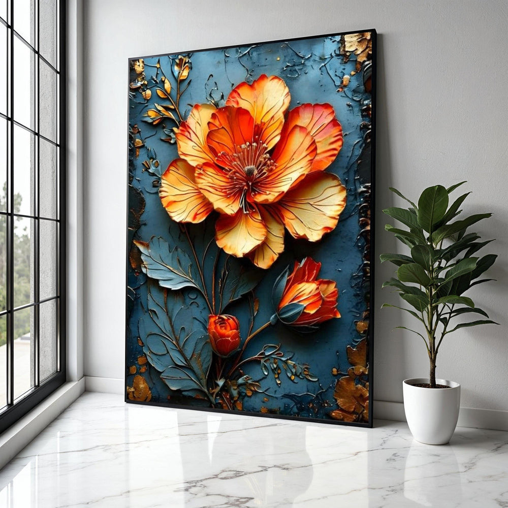 Vibrant Orange Blossom Canvas Wall Art, 3D Floral Design, Metallic Flower Canvas, Home Decor Accent, Ready to Gift Art, Home Decor, Print