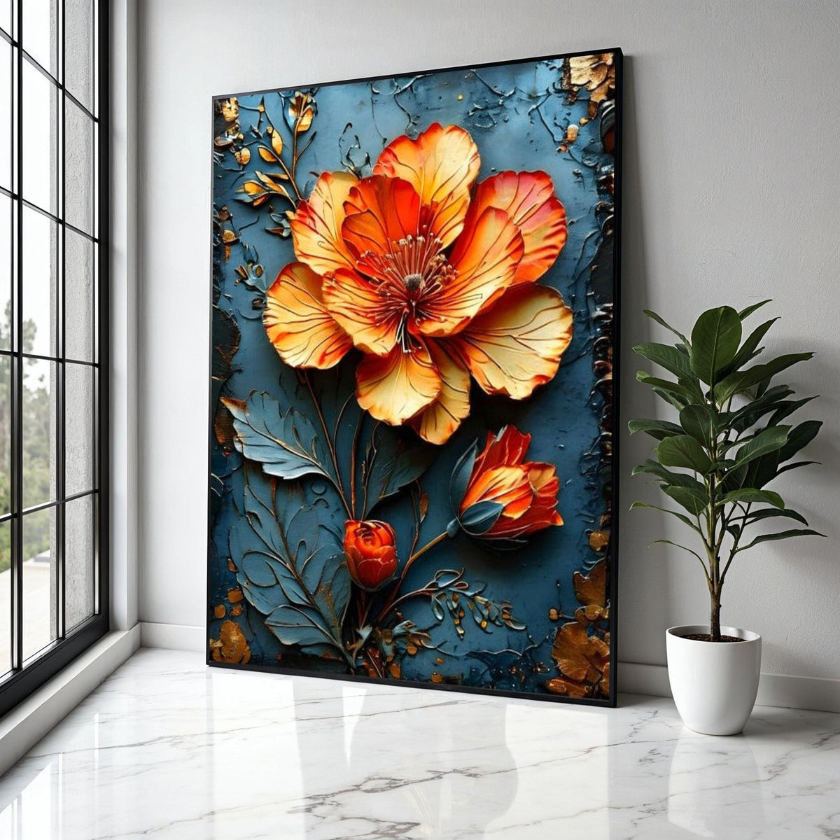 Vibrant Orange Blossom Canvas Wall Art, 3D Floral Design, Metallic Flower Canvas, Home Decor Accent, Ready to Gift Art, Home Decor, Print