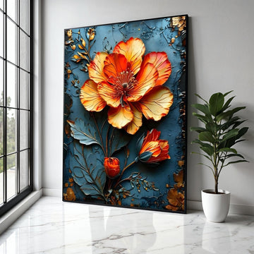 Vibrant Orange Blossom Canvas Wall Art, 3D Floral Design, Metallic Flower Canvas, Home Decor Accent, Ready to Gift Art, Home Decor, Print
