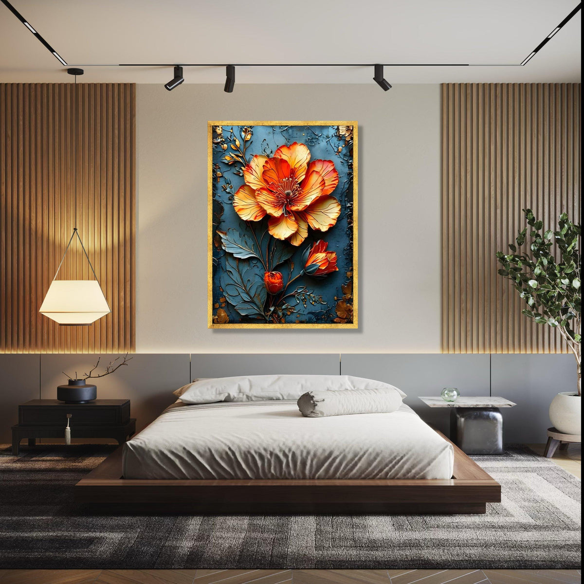 Vibrant Orange Blossom Canvas Wall Art, 3D Floral Design, Metallic Flower Canvas, Home Decor Accent, Ready to Gift Art, Home Decor, Print