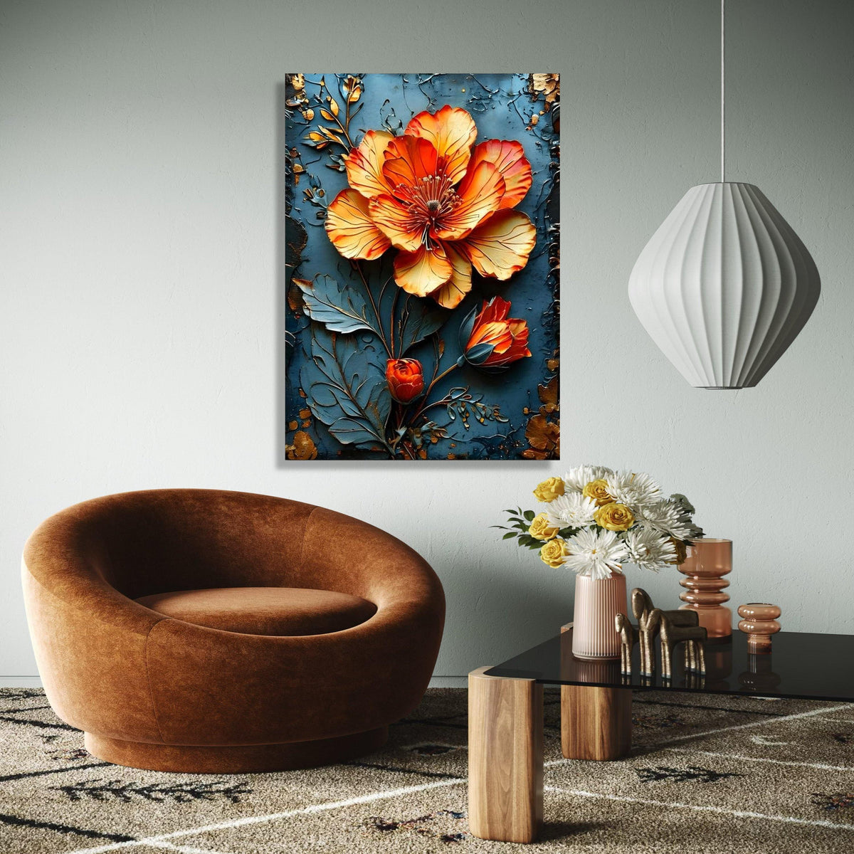 Vibrant Orange Blossom Canvas Wall Art, 3D Floral Design, Metallic Flower Canvas, Home Decor Accent, Ready to Gift Art, Home Decor, Print