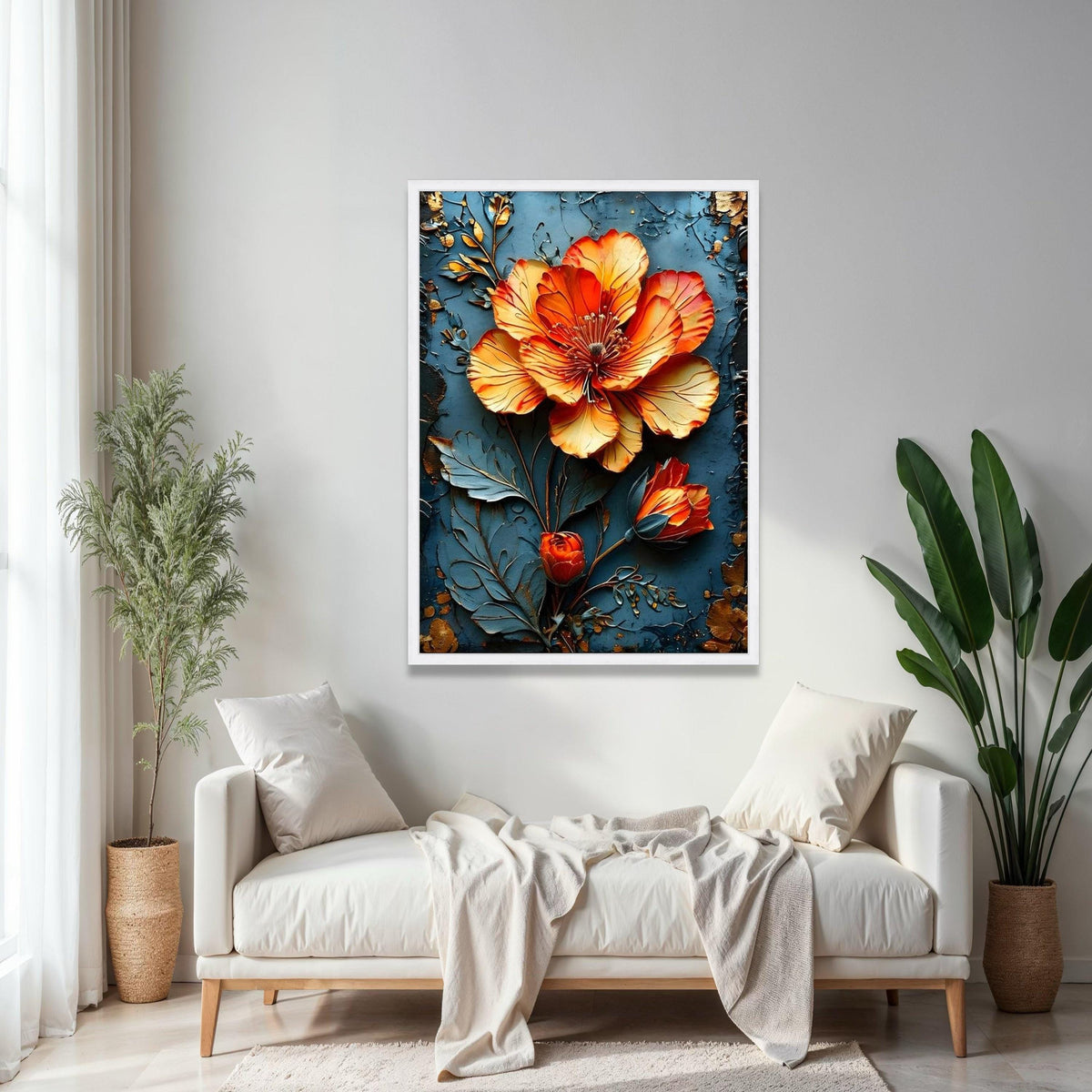Vibrant Orange Blossom Canvas Wall Art, 3D Floral Design, Metallic Flower Canvas, Home Decor Accent, Ready to Gift Art, Home Decor, Print