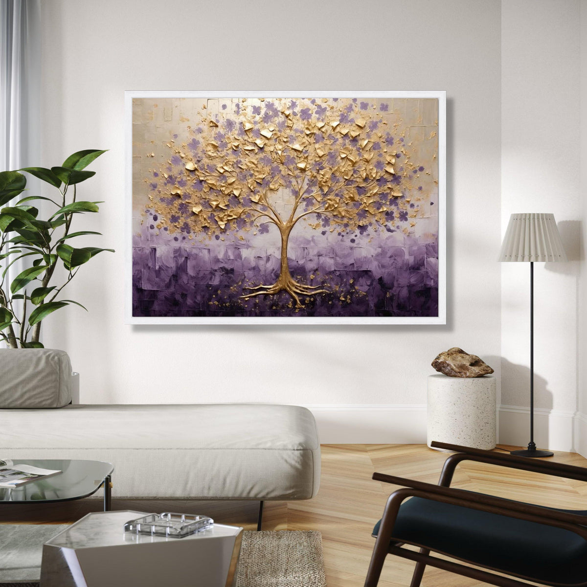Golden Tree Canvas Wall Art, Floral Tree Painting, Purple and Gold Home Decor, Abstract Nature Canvas, Living Gift Art, Home Decor, Print