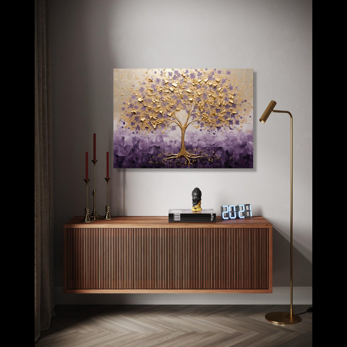 Golden Tree Canvas Wall Art, Floral Tree Painting, Purple and Gold Home Decor, Abstract Nature Canvas, Living Gift Art, Home Decor, Print