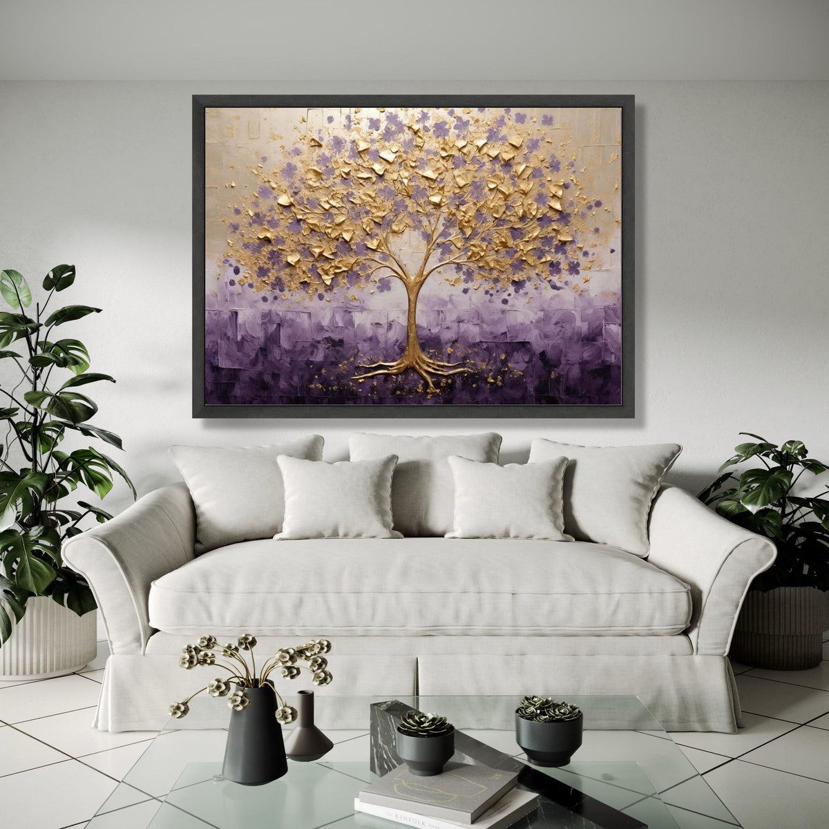 Golden Tree Canvas Wall Art, Floral Tree Painting, Purple and Gold Home Decor, Abstract Nature Canvas, Living Gift Art, Home Decor, Print