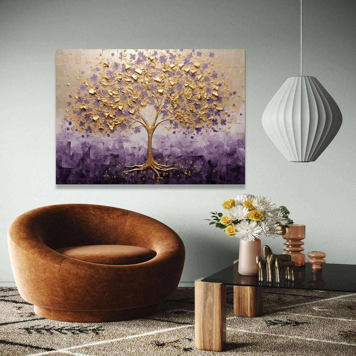 Golden Tree Canvas Wall Art, Floral Tree Painting, Purple and Gold Home Decor, Abstract Nature Canvas, Living Gift Art, Home Decor, Print