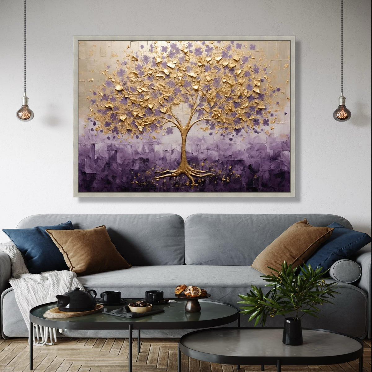 Golden Tree Canvas Wall Art, Floral Tree Painting, Purple and Gold Home Decor, Abstract Nature Canvas, Living Gift Art, Home Decor, Print