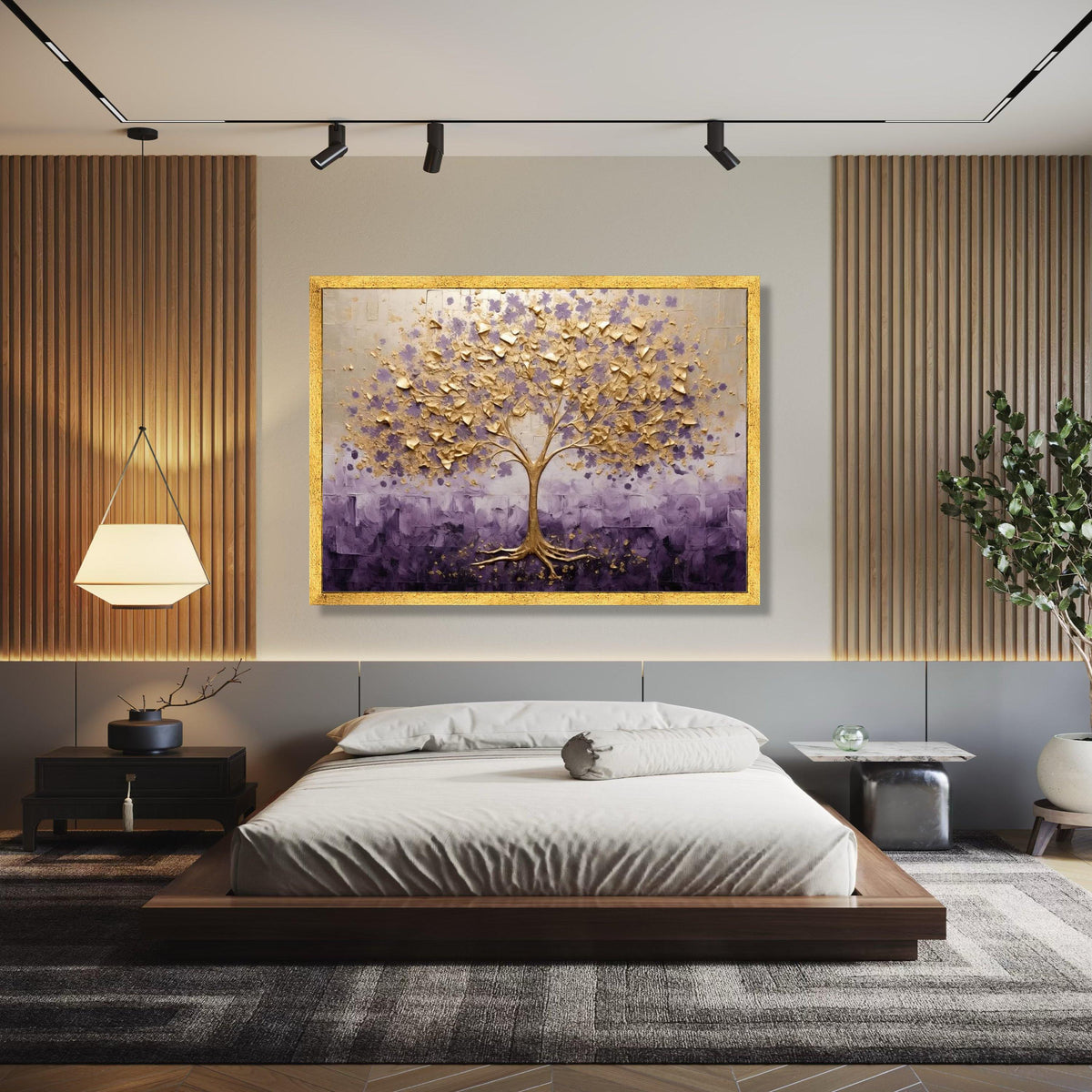 Golden Tree Canvas Wall Art, Floral Tree Painting, Purple and Gold Home Decor, Abstract Nature Canvas, Living Gift Art, Home Decor, Print