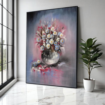 Elegant Floral Bouquet Canvas, White and Blue Flowers Painting, Vase Wall Art, Soft Pastel Home Decor, Still Gift Art, Home Decor, Print