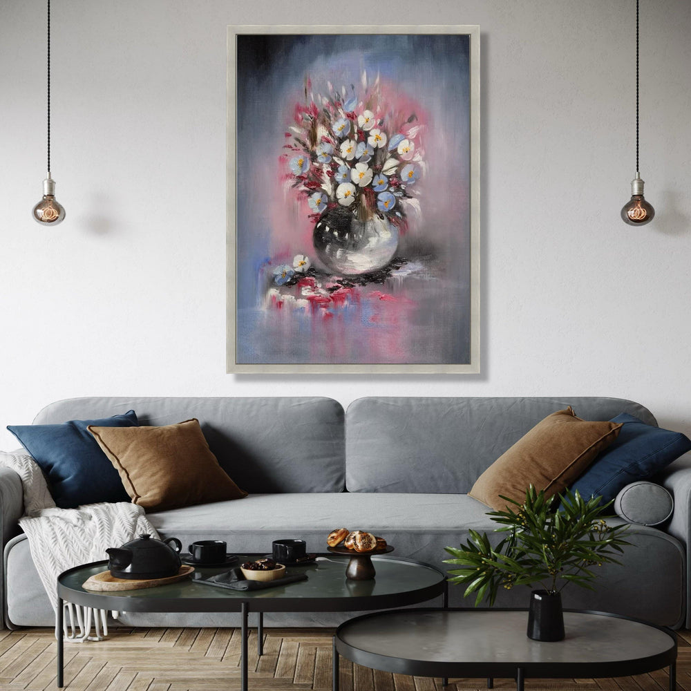 Elegant Floral Bouquet Canvas, White and Blue Flowers Painting, Vase Wall Art, Soft Pastel Home Decor, Still Gift Art, Home Decor, Print