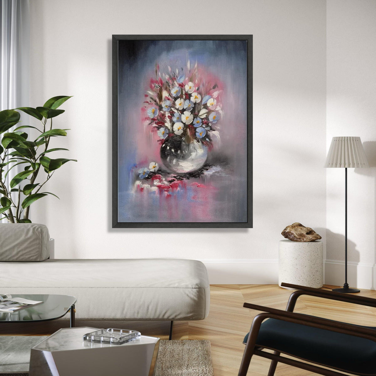 Elegant Floral Bouquet Canvas, White and Blue Flowers Painting, Vase Wall Art, Soft Pastel Home Decor, Still Gift Art, Home Decor, Print