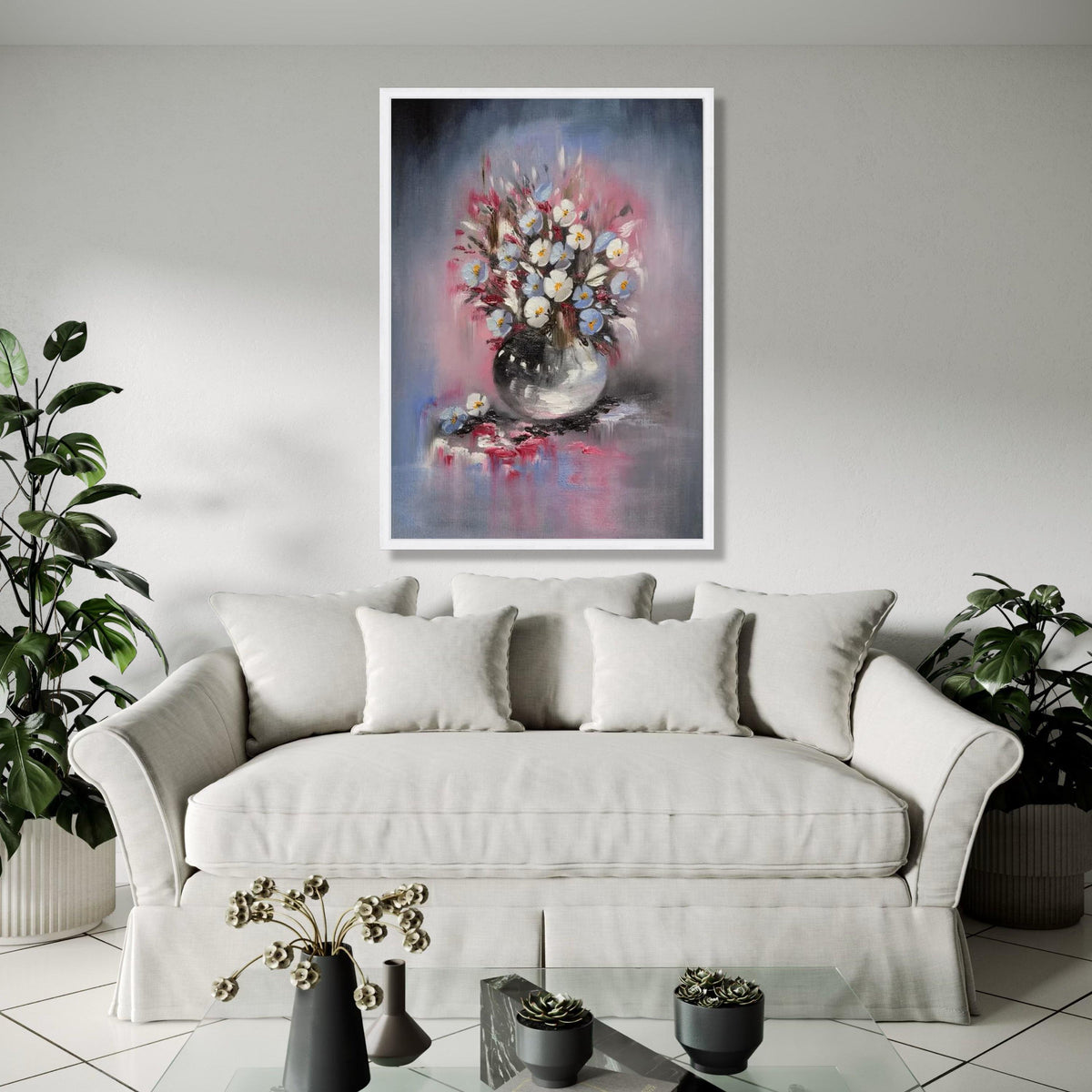 Elegant Floral Bouquet Canvas, White and Blue Flowers Painting, Vase Wall Art, Soft Pastel Home Decor, Still Gift Art, Home Decor, Print