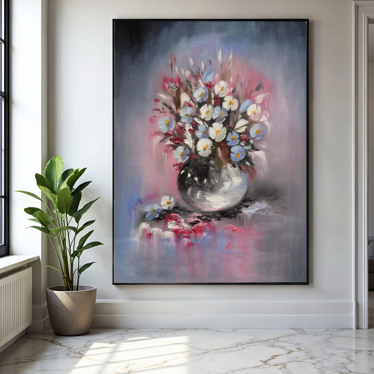 Elegant Floral Bouquet Canvas, White and Blue Flowers Painting, Vase Wall Art, Soft Pastel Home Decor, Still Gift Art, Home Decor, Print