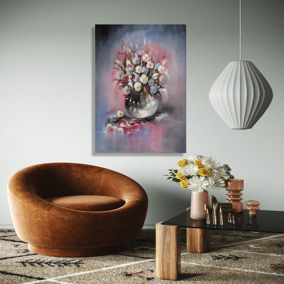 Elegant Floral Bouquet Canvas, White and Blue Flowers Painting, Vase Wall Art, Soft Pastel Home Decor, Still Gift Art, Home Decor, Print