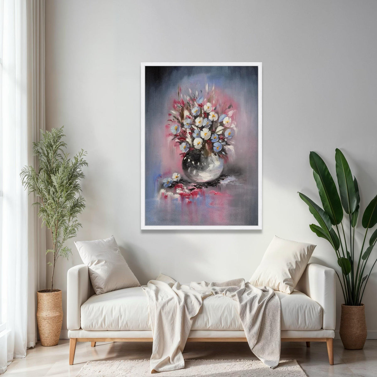 Elegant Floral Bouquet Canvas, White and Blue Flowers Painting, Vase Wall Art, Soft Pastel Home Decor, Still Gift Art, Home Decor, Print