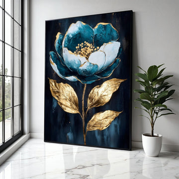 Teal Blue and Gold Floral Canvas Wall Art, Elegant Flower Painting, Metallic Leaf Home Decoration, Modern Gift Art, Home Decor, Print