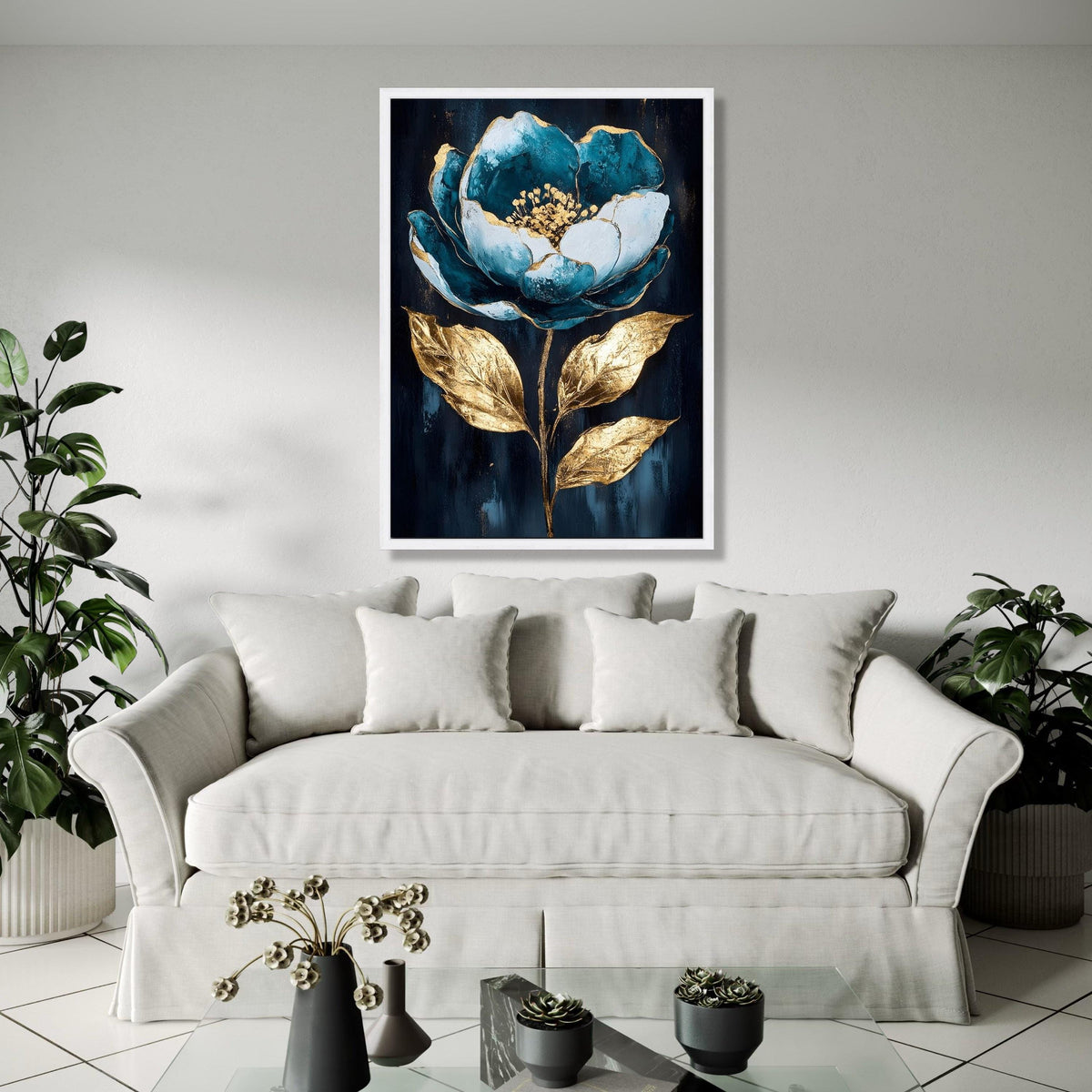 Teal Blue and Gold Floral Canvas Wall Art, Elegant Flower Painting, Metallic Leaf Home Decoration, Modern Gift Art, Home Decor, Print
