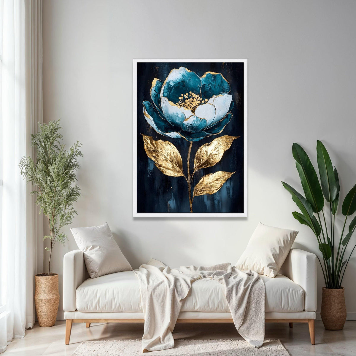 Teal Blue and Gold Floral Canvas Wall Art, Elegant Flower Painting, Metallic Leaf Home Decoration, Modern Gift Art, Home Decor, Print