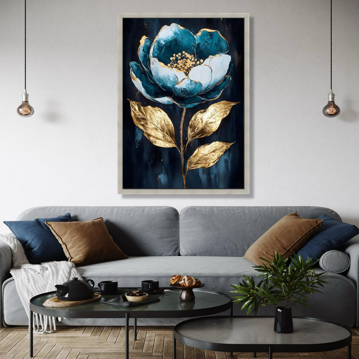 Teal Blue and Gold Floral Canvas Wall Art, Elegant Flower Painting, Metallic Leaf Home Decoration, Modern Gift Art, Home Decor, Print