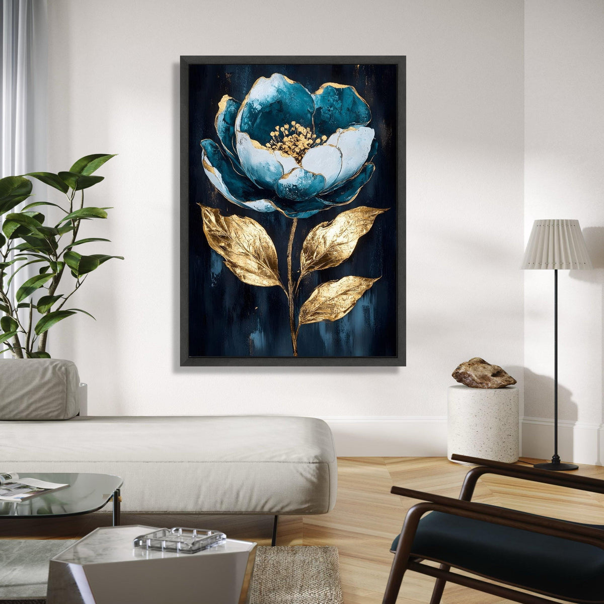 Teal Blue and Gold Floral Canvas Wall Art, Elegant Flower Painting, Metallic Leaf Home Decoration, Modern Gift Art, Home Decor, Print