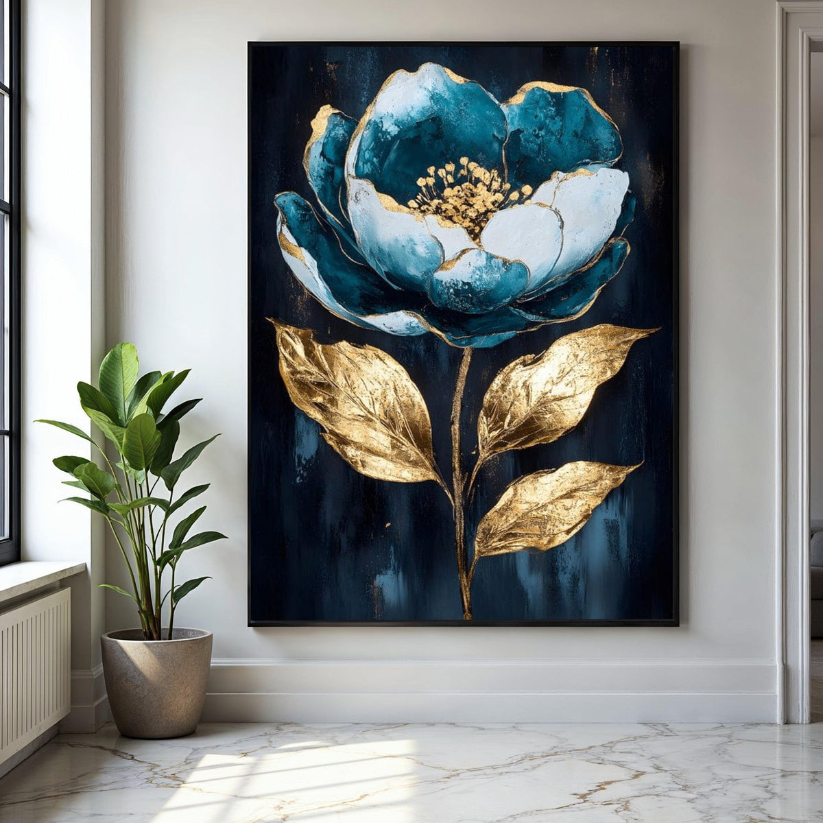 Teal Blue and Gold Floral Canvas Wall Art, Elegant Flower Painting, Metallic Leaf Home Decoration, Modern Gift Art, Home Decor, Print